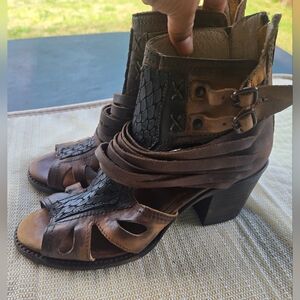 freebird Brown Leather Wrap-Strap Cutout Block Heel Sandals